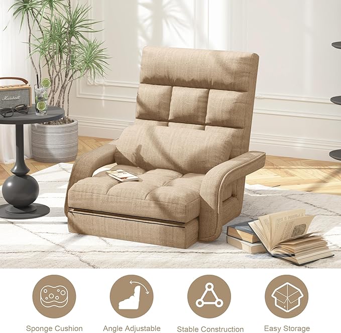 Floor Gaming Chair for Adults, 6-Position Adjustable Chaise Lounge Chair with Meditation Arm, Foldable Lazy Sofa with Pillow, Comfy Chair Indoor for Bedroom Dorm Living Room, Beige