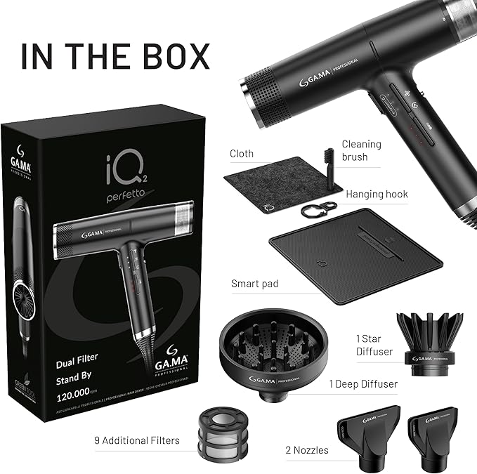 GA.MA iQ2 Perfetto Hair Dryer with 120,000 RPM Intelligent Turbo Motor, Auto-Standby, Oxy Active Technology, Includes 10 Filters, Black