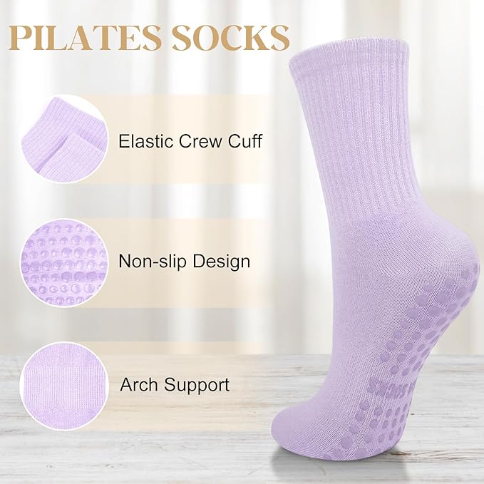 Justay 6 Pairs Pilates Socks with Grips for Women Soft Non Slip Crew Cotton Athletic Workout Barre Hospital Yoga Socks
