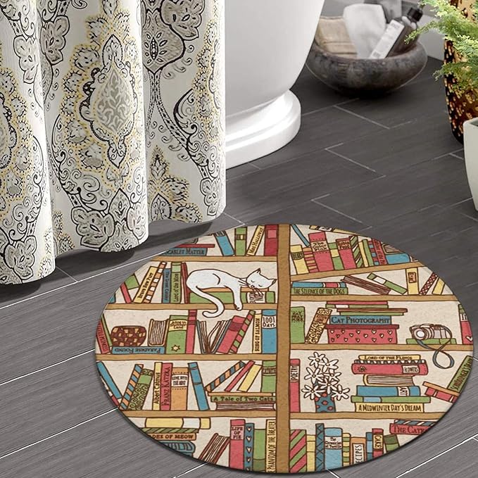 Large Home Decor Mat, Soft Round Yoga Carpet, Non-Slip Machine Washable Home Office Circle Rug Compatible with Sleeping Cat Library Bookshelf