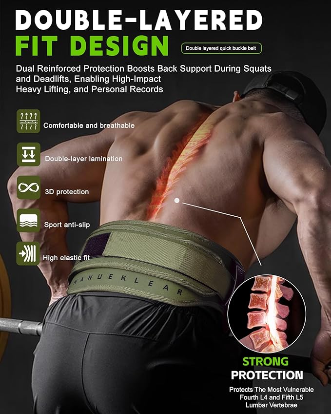 MANUEKLEAR Weight Lifting Belts for Men and Women, Gym Weight Belt with Carabiner Quick Locking, Double-Layer Weightlifting Belt for Workout Squat Powerlifting Deadlift