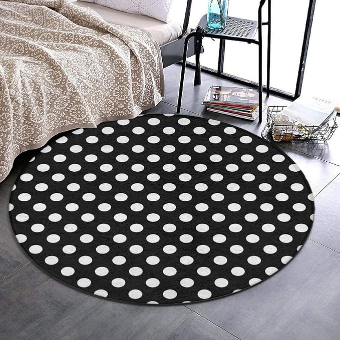 Large Home Decor Mat, Soft Round Yoga Carpet, Non-Slip Machine Washable Home Office Circle Rug Compatible with White Black Polka Dots