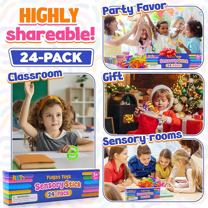 Fidget Toys Sensory Stick: 24 Pack Textured Calming Sensory Toys, Teacher Classroom Must Haves, Anxiety Relief Fidgets for Students, Back to School Essentials, Goodie Bag Stuffer for Kids