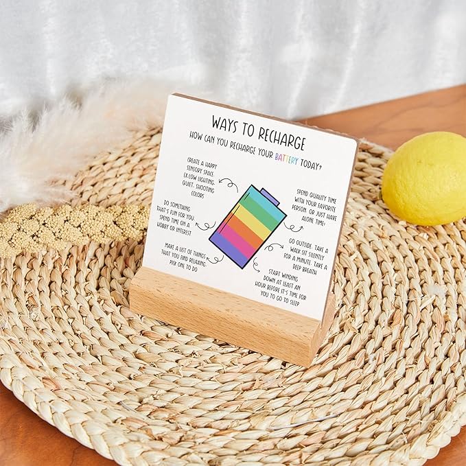 Positivity Recovery Self Care Encourage Gift, Mental Health Reminders Wooden Sign With Wooden Stand, Inspirational Cheer Up Gift for Psychologist School Counselor Student Boy Girl Best Friend