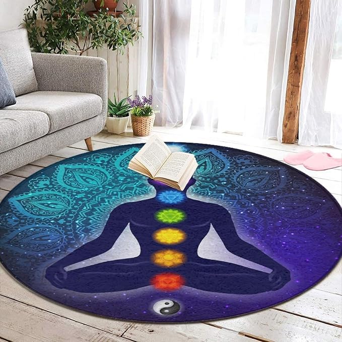 Large Home Decor Mat, Soft Round Yoga Carpet, Non-Slip Machine Washable Home Office Circle Rug Compatible with Nine Chakra Yoga Meditation Lotus Blue Mandala