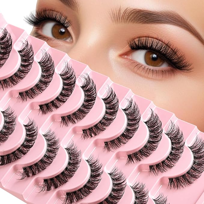 Lashes False Wispy Eyelashes Natural Cat Eye Lash Strips 10 Pairs Fake Mink Eyelash Pack 9-14mm Natural Look Fluffy Strip Lashes Clear Band Easy Eyelashes for Beginners with Cluster Looking