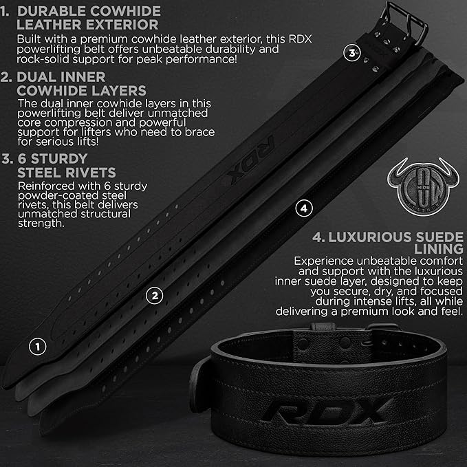 RDX IPF Compliant Powerlifting Belt 13mm and 10mm, USAPL USPA and IPL Competition Level Genuine Leather 4” Gym Belt for Heavy Weight Lifting Deadlift Squats and Strongman Strength Training, Men Women