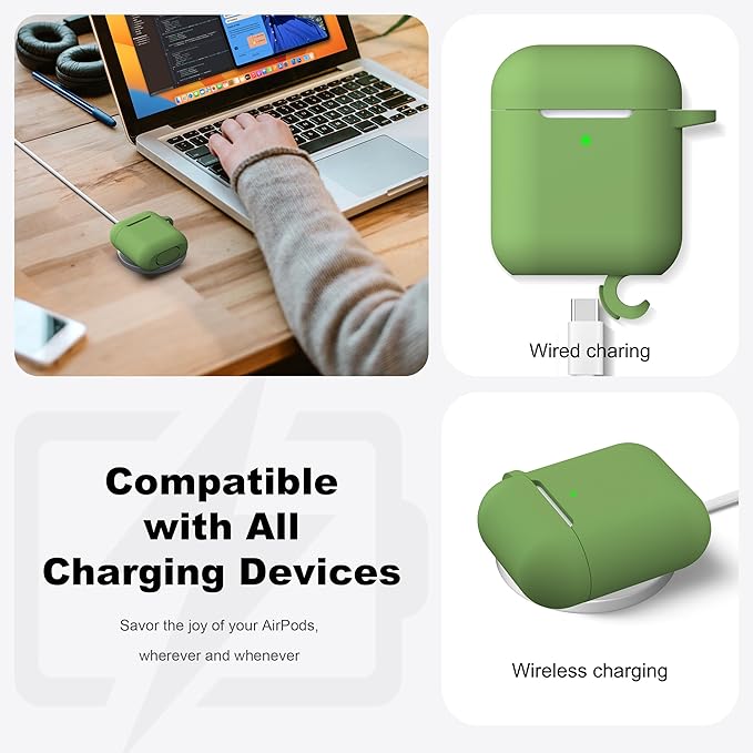 R-fun Compatible with AirPods Case Cover, Soft Silicone Protective Cover with Keychain for Women Men Compatible with Apple AirPods 2nd 1st Generation Charging Case, Front LED Visible,Olive Green
