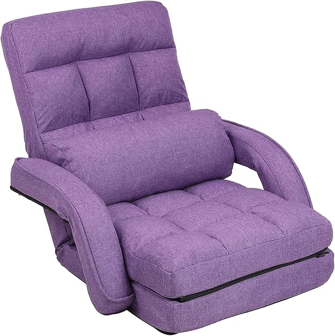 FLOGUOR Floor Chair, Chaise Lounge Indoor, 14-Position Adjustable Folding Lazy Sofa with Armrests and a Pillow Padded Gaming Chairs for Living Room, Bedroom Factory Price (Purple) 8803PU