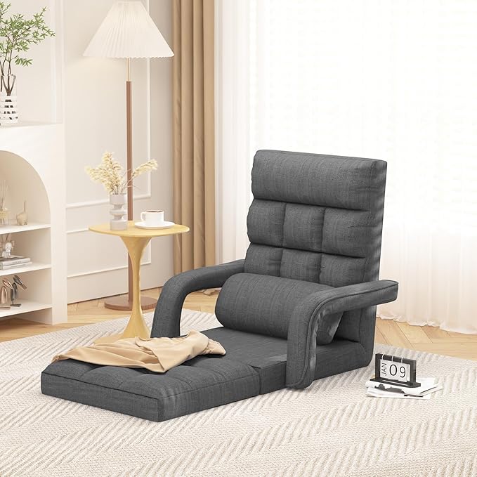 Adjustable Floor Gaming Chair for Adults, 6-Position Chaise Lounge Chair with Meditation Arm, Foldable Lazy Sofa with Pillow, Comfy Chair Indoor for Bedroom Dorm Living Room, Charcoal