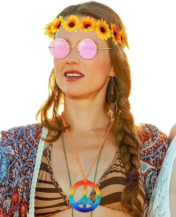 Frienda Hippie Costume Set, Hippie Sunglasses, Peace Sign Necklace and Tie Dye Headband for 60s 70s Accessories