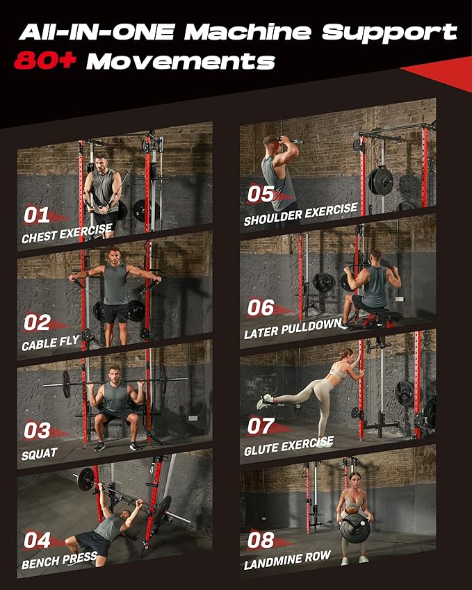 Folding Power Rack, Wall Mounted Squat Rack with Dual Independent Pulley System, Multi-Function Power Cage with 5 Adjustable Function Modes, Power Rack Trainer for Space Saving Home Gym