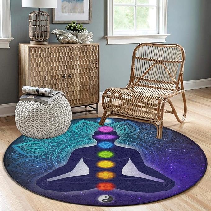 Large Home Decor Mat, Soft Round Yoga Carpet, Non-Slip Machine Washable Home Office Circle Rug Compatible with Nine Chakra Yoga Meditation Lotus Blue Mandala