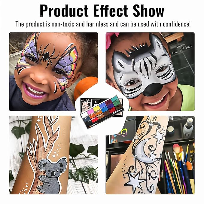 Face Painting Kit Non-toxic Body Paint Washable 18 Colors Facepaint Makeup Kit for Adults with 10 Face Paint Brushes for Halloween Party Cosplay Makeup (Color 001)