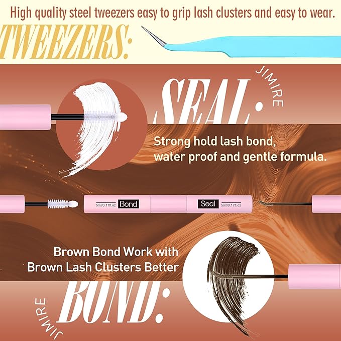 JIMIRE Brown Lash Extension Kit Natural Look Wispy Brown Lash Clusters Individual Lashes with Lash Bond and Seal Wsipy D Curl 10-18MM DIY Eyelash Extension Kit Fluffy Brown Cluster Lashes 180Pcs