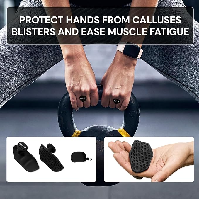 Ergonomic-Gym-Grips-for-Men-&-Women - Soft Silicone Weight Lifting Grips for Dumbbells, Barbells, Pull-Ups, Deadlifts - Fingerless, Sweat-Resistant, Includes Portable Case