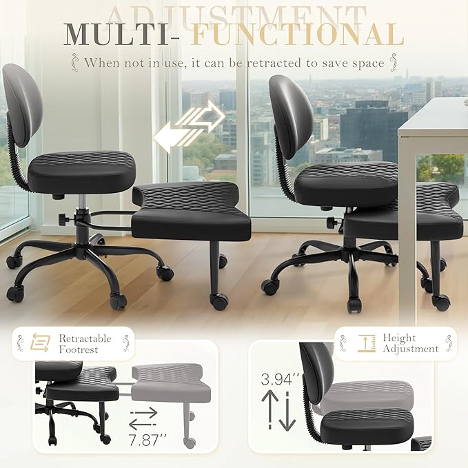 Furmax Ergonomic Criss Cross Legged Office Chair with Wheels, 360°Swivel Adjustable Height Kneeling Desk Chair with Footrest for ADHD, Yoga, Meditation, Home Office (Leather, Black)