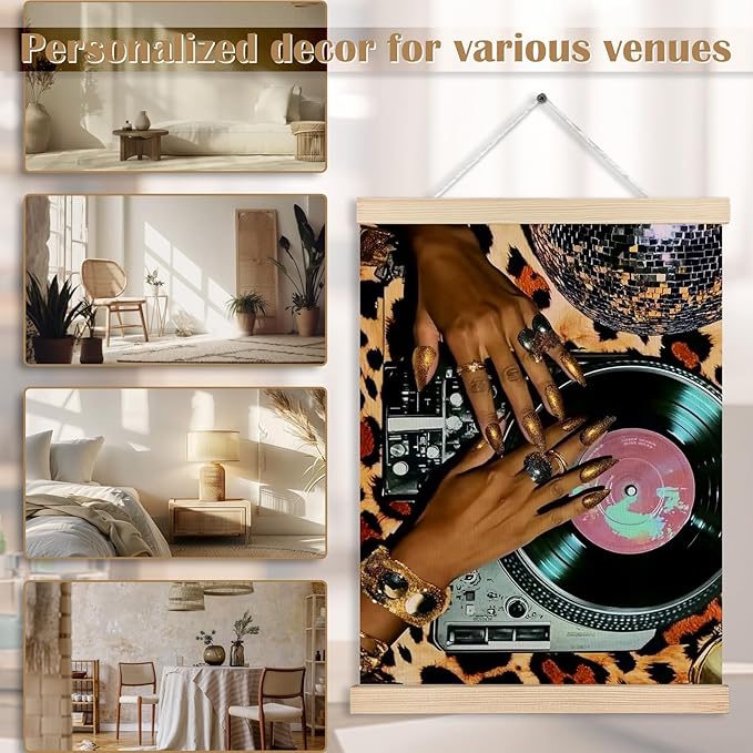 Funky Leopard Black Woman Vinyl Record Canvas Wall Art Poster, Trendy Musician CD Record Player Wall Decor Prints for Music Room Studio Home Apartment, 12x16 Inches