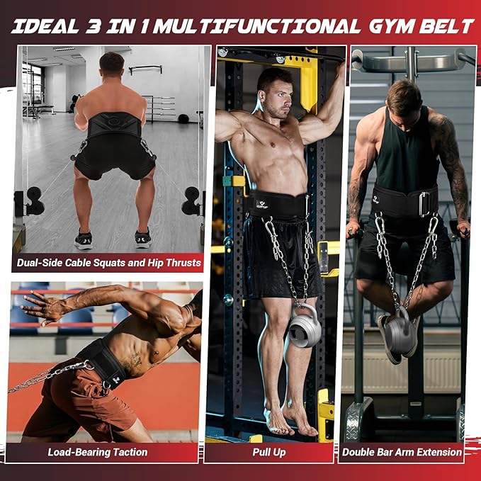 3-in-1 Weighted Pull Up Belt for Men, Weight Lifting Dip Belt with 40.6 IN Chain & Self Locking, Weighted Gym Belt for Pull Up, Squat, Powerlifting & Deadlift, Capacity Up to 350 LBS