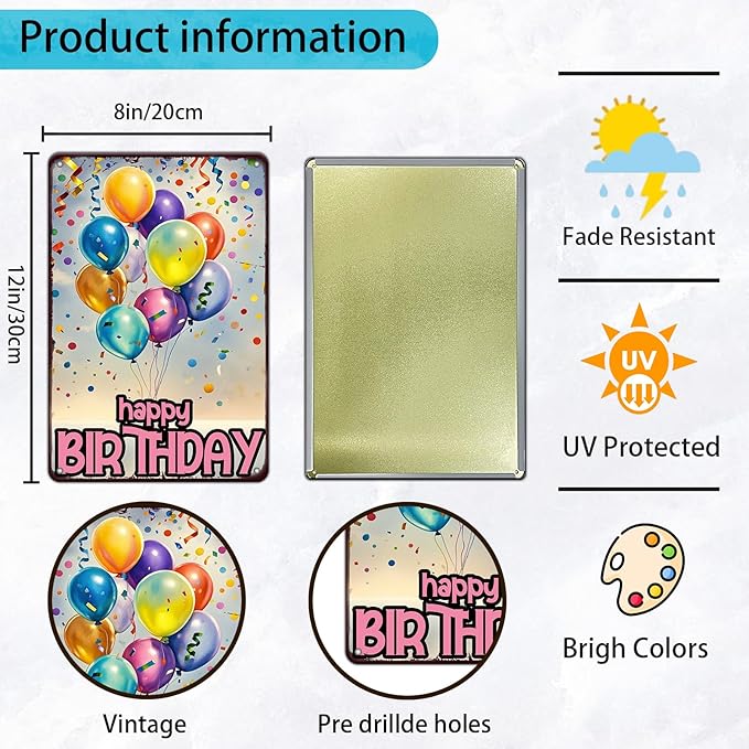 Happy Birthday Vintage Tin Sign Metal Sign Balloon Family Birthday Party Spring Summer Farmhouse Poster For Home Garden Bar Club Coffee Sign 8x12 Inch