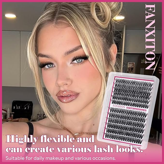 FANXITON Cluster Lashes 50D Lash Clusters D Natural Eyelashes Extensions 14-16mm Mix Individual Lashes Thin Band Lash Bond and Seal Tweezers Eyelashes Cluster for DIY Lash Extension