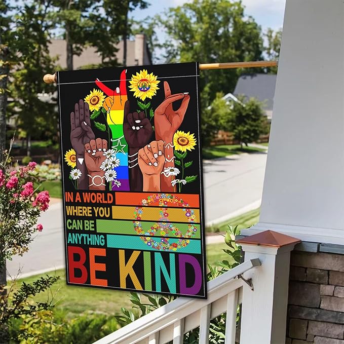 Be Kind Garden Flag 12x18 Inch In A World Where You Can Be Anything Garden Flag 3ply Polyester Double Sided with Rainbow and Peace Sign for Outdoor House Yard Outside Garden Decor