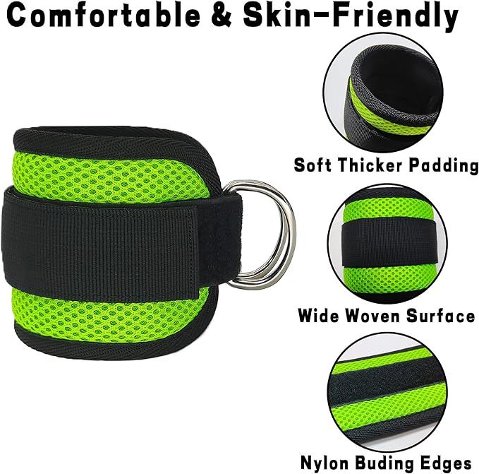 Fitness Ankle Straps for Cable Machines, 2 Pack Comfortable Adjustable Padded Ankle Wrist Cuffs, Kickback Glute Workouts for Men Women, D-Ring Leg Straps with Neoprene Padding
