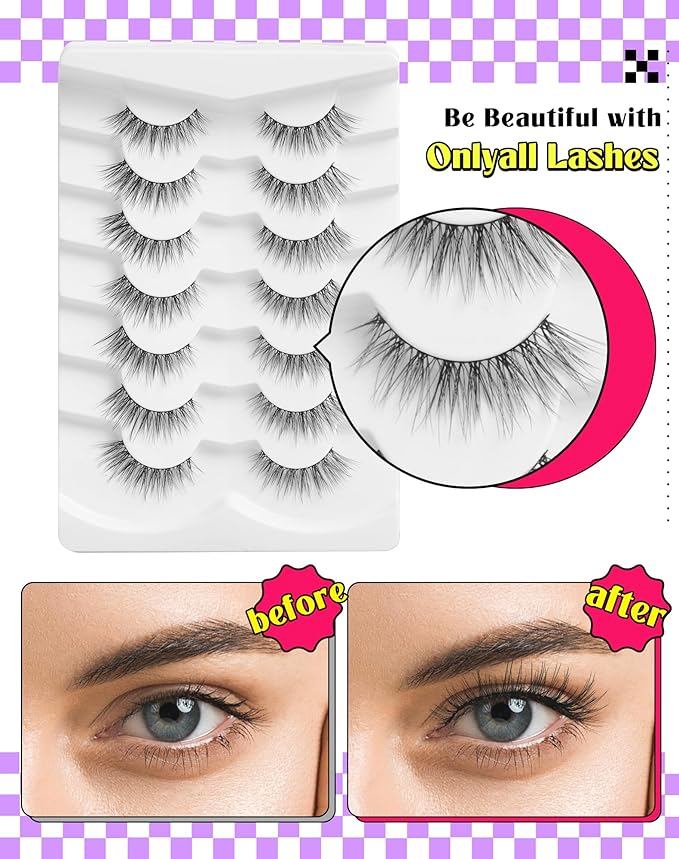 Onlyall Natural Lashes Wispy Lashes Natural Look False Eyelashes Natural Flared Eyelashes False Eye Lashes Soft Fluffy Lashes 7 Pairs D12 Flirty-13mm