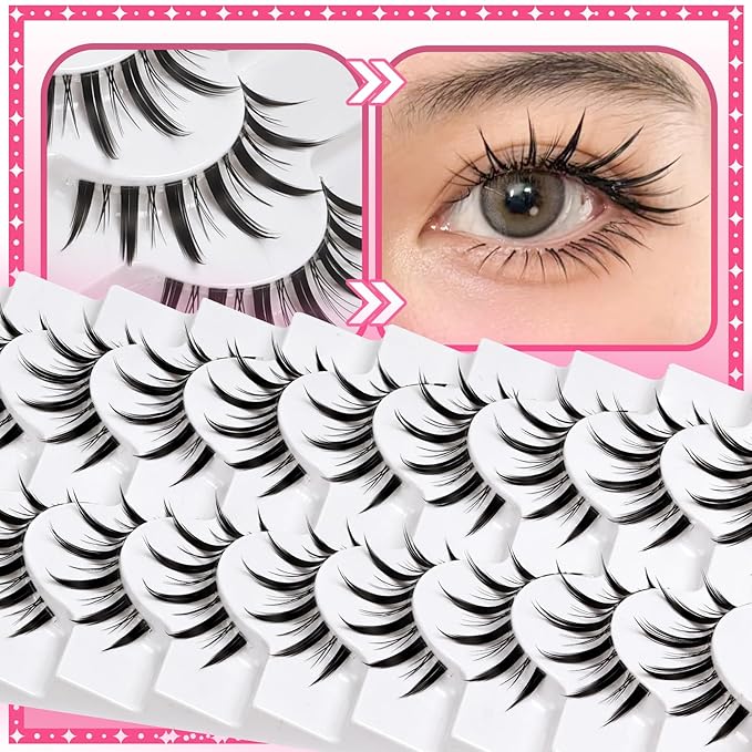 Losha Lashes Manga Lashes Natural Look Wispy False Eyelashes with Clear Band 10 Pairs Faux Mink Lashes Look Like Individual Cluster Lashes (Demon)