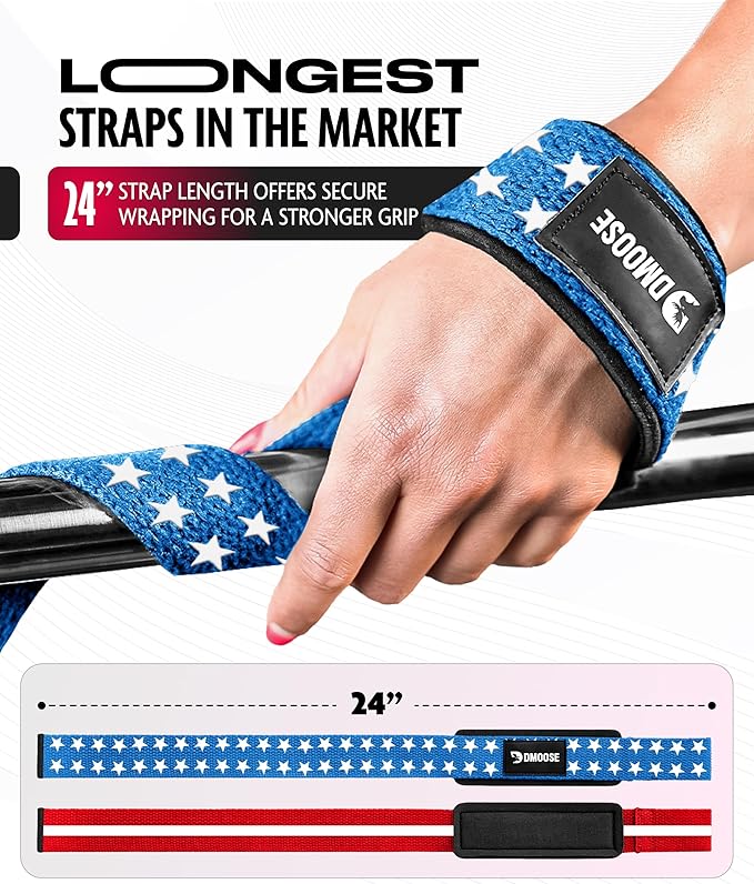 DMoose Fitness Lifting Straps 24" (Pair) - 5mm Padded Durable Wrist Straps for Weightlifting & Powerlifting - Cotton Lifting Strap with Silicone Grip for Men & Women - Deadlift Strap for Gym Workout