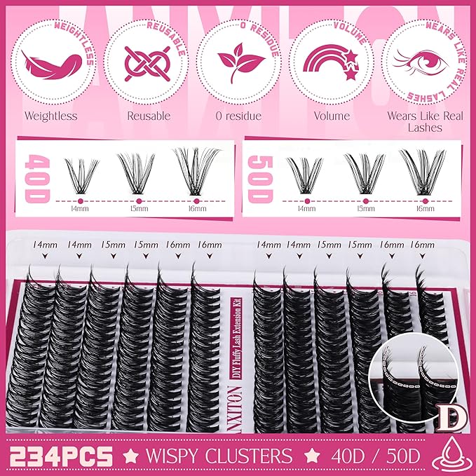 Cluster Lashes 240 pcs Wispy Lash Clusters D Natural Eyelashes Extensions 14-16mm Mix 40D+50D Individual Lashes with Lash Bond and Seal Tweezers Thin Band Eyelashes Cluster for DIY Lash Extension