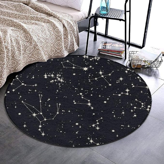 Large Home Decor Mat, Soft Round Yoga Carpet, Non-Slip Machine Washable Kitchen Office Circle Rug Compatible with Zodiac Constellation Galaxy Black Starry Night Stars Glow Dark Midnight