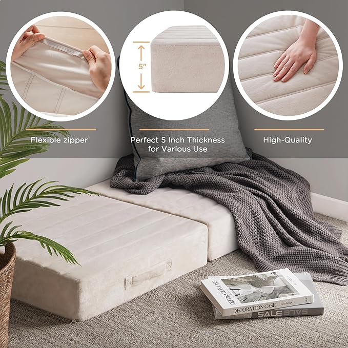 Codi Floor Cushions for Adults, Large Meditation Pillows with Thick Foam and Soft Tufted Covers, Washable Square Seating for Couch and Yoga Sitting, 22×22×5 Inch Ivory