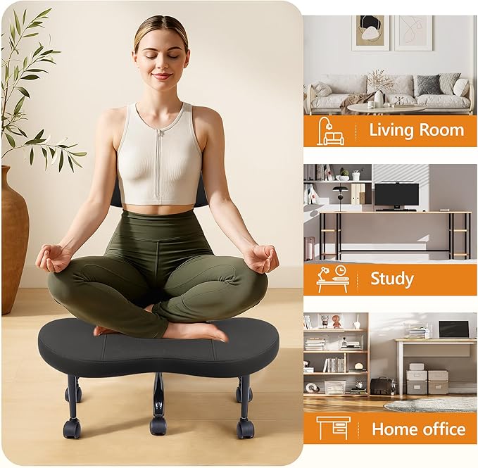 Cross Legged Office Chair, Criss Cross Desk Chair ADHD Meditation Kneeling Yoga Seat with Adjustable Height, Lumbar Support, Wider Footrest and Wheels (Black)