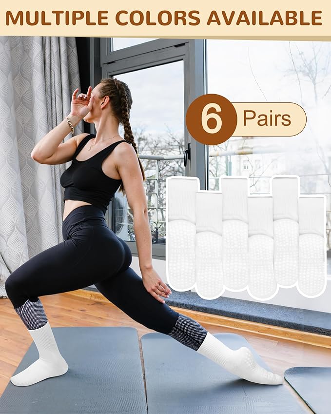 Justay 6 Pairs Pilates Socks with Grips for Women Soft Non Slip Crew Cotton Athletic Workout Barre Hospital Yoga Socks