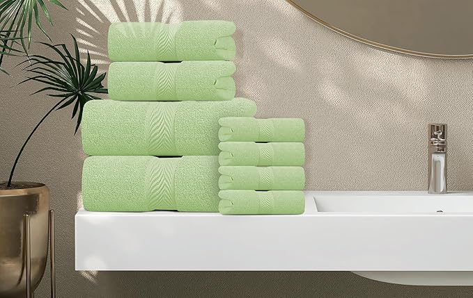 Oakias Premium Towel Set 600 GSM 8 Piece Green - 100% Ring Spun Cotton Highly Absorbent Towels Set - Super Soft Bathroom Towel Set - Hotel Quality Double Stitched Hem - Ideal for Hotels, Spa, Gyms