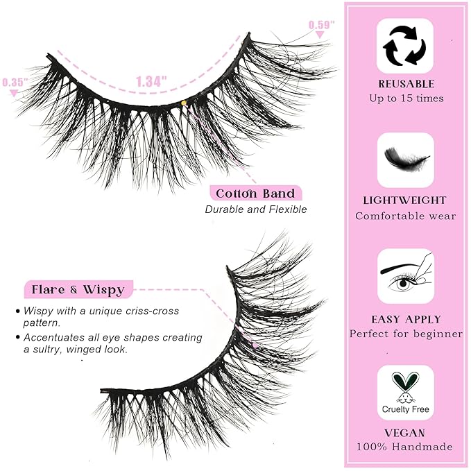 Lashes False Eyelashes Wispy Cat Eye Lash Strips Fake Mink Eyelash Natural Look 14 Pairs Fluffy Demi Wispies Strip Lashes Pack 9-15mm Medium Cateye Full Pestañas for Women