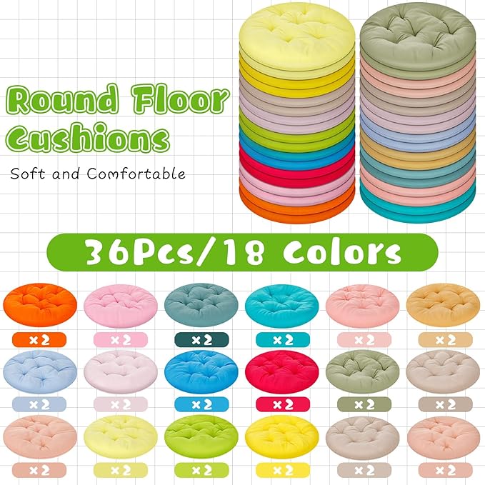 36 Pcs Round Floor Pillows 15.7 Inch Flexible Seating Pillows Chair Floor Cushions Reading Cushions for Kids Adults Classroom Home School Playing Supplies,18 Colors (Multicolor)