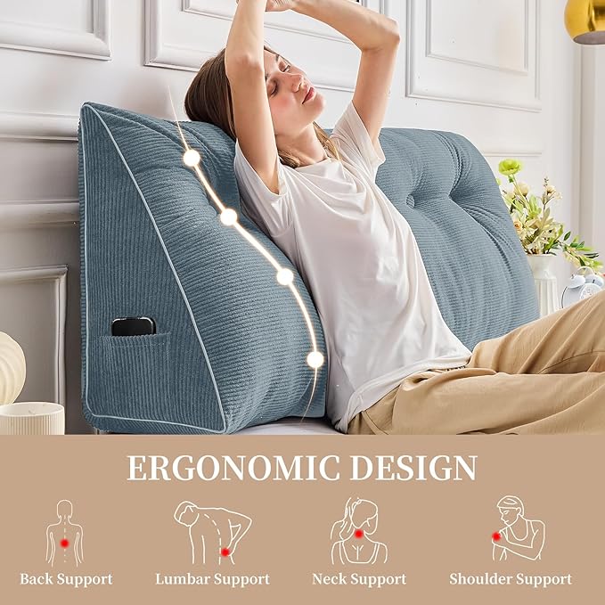 Sasttie Headboard Pillow Full, Wedge Pillow Headboard for Sitting Up in Bed, Back-Rest Support Triangular Cushion for Reading - Features Removable Washable Cover, Greyish Blue