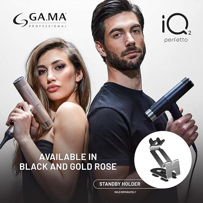 GA.MA iQ2 Perfetto Hair Dryer with 120,000 RPM Intelligent Turbo Motor, Auto-Standby, Oxy Active Technology, Includes 10 Filters, Black