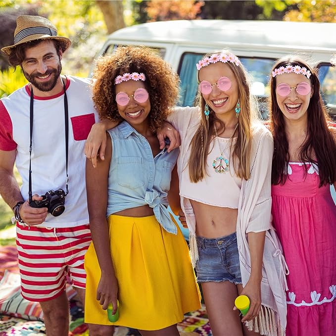 Hicarer Hippie Costume Accessories Include Sunglasses, Peace Sign Necklace, Boho Headband and Earring for 60s 70s Party
