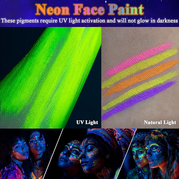 Glow in the Dark Paint, Non-Toxic Neon Face Paint, Washable Black Light Paint, Face Paint Markers for Halloween, Cosplay, Party, Compact UV Body Paint 12 PCS