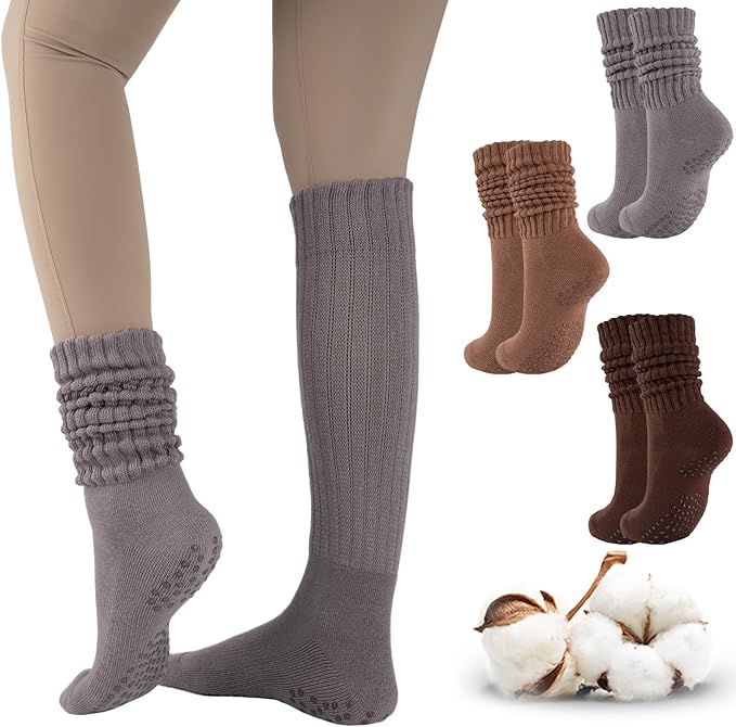 COOVAN Grip Pilates Socks for Women 3 Pairs Yoga Slouch Crew Long Scrunch Slipper Socks for Barre Ballet Dance Hospital