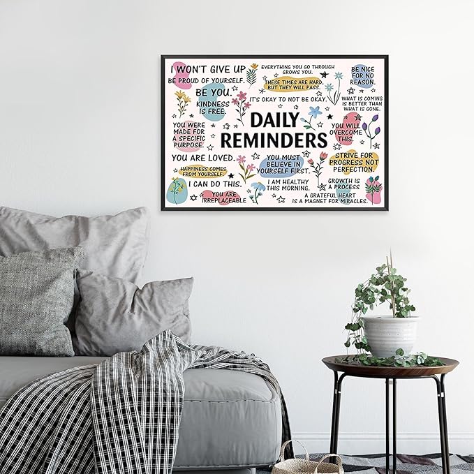 JMGHKL Daily Reminders Inspirational Canvas Wall Art Trendy Motivational Positive Affirmations Posters Uplifting Mental Health Wall Decor For Home Office Classroom 16x24in Framed