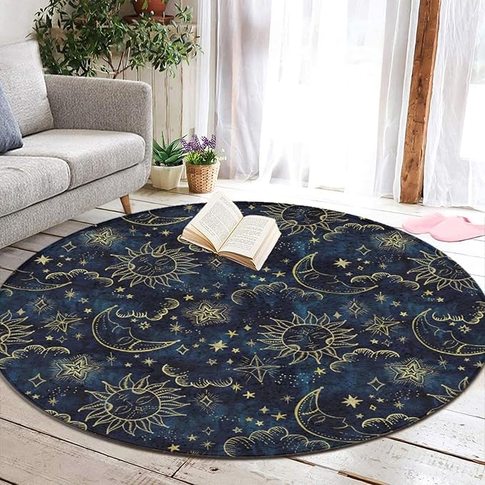 Large Machine Washable Circular Rugs, Home Decor Round Mat for Living Room Sofa Office Compatible with Sun Moon Boho Astrology