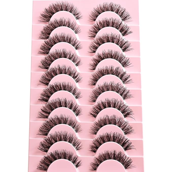 Lashes False Wispy Eyelashes Natural Cat Eye Lash Strips 10 Pairs Fake Mink Eyelash Pack 9-14mm Natural Look Fluffy Strip Lashes Clear Band Easy Eyelashes for Beginners with Cluster Looking