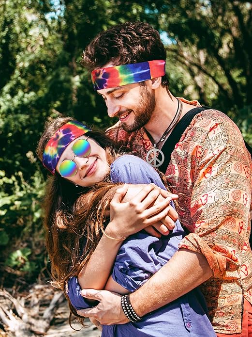 Frienda Hippie Costume Set, Hippie Sunglasses, Peace Sign Necklace and Tie Dye Headband for 60s 70s Accessories