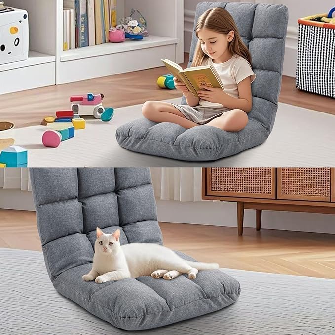 Folding Floor Chair with Back Support, 14 Adjustable Positions, Breathable Padded Sleeper Bed, Couch Recliner, Gaming Sofa Chair for Adults & Kids, Perfect for Meditating, Reading, Living Room (Grey)