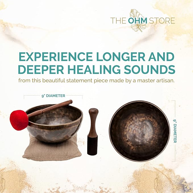 Large Tibetan Singing Bowl Set by Ohm Store — Saturn Pure Bronze Meditation Sound Bowl 9 Inches, 2 Mallets and a Cushion — Handcrafted Nepali Sound Bath Instrument (Saturn)