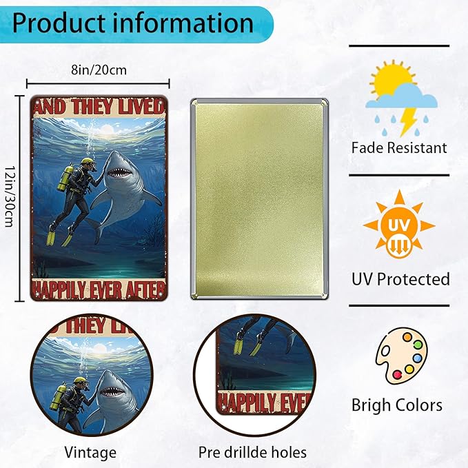 Diver And Shark Metal Tin Sign 8x12 Inch And They Lived Happily Ever After Poster Diver And Shark Tin Sign Home Kitchen Garden Bar Restaurant Cafe Office Shop Cave Man Are Wall Decor